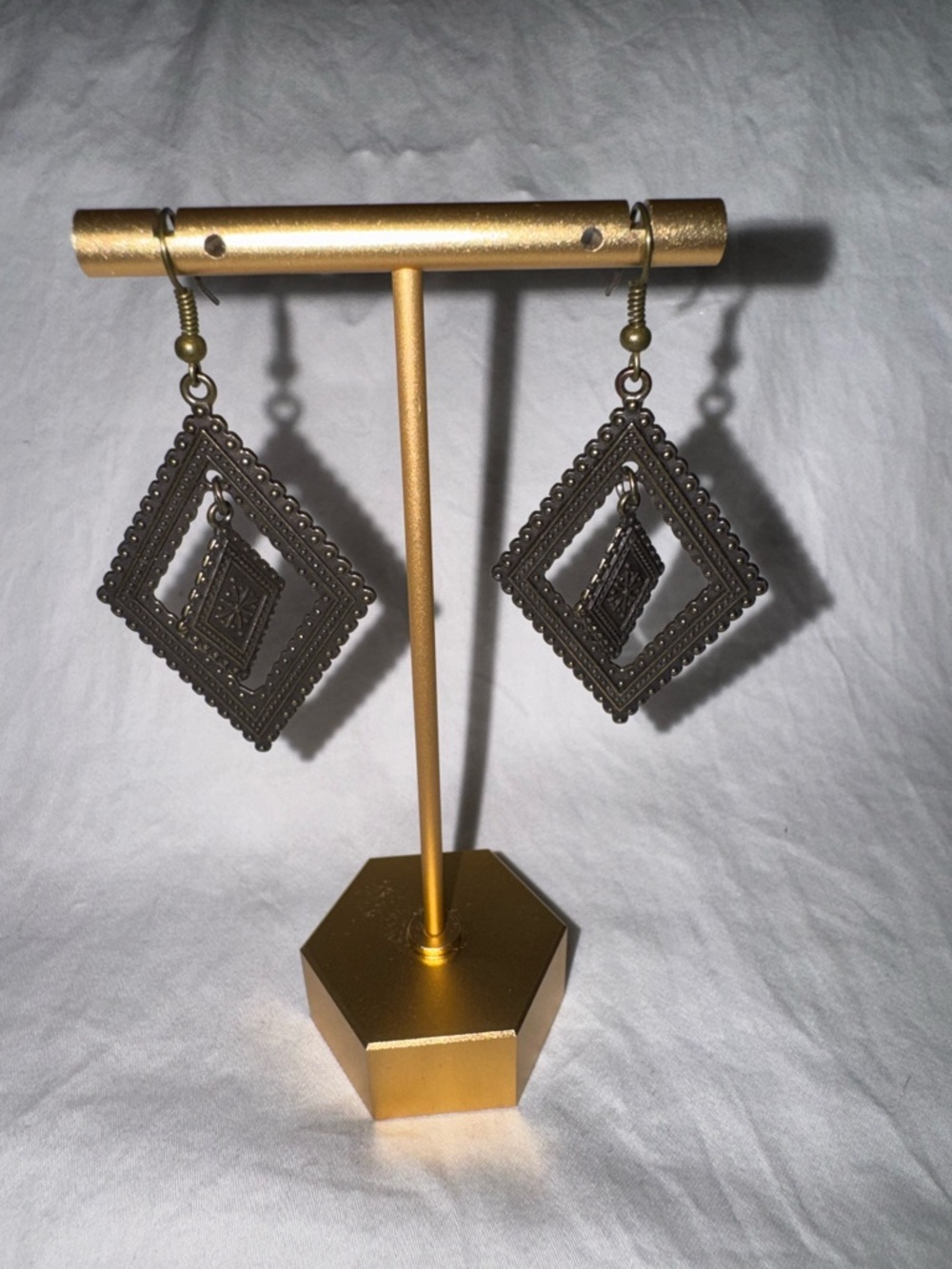 Antique Bronze Boho Diamond Filigree Dangle Earrings